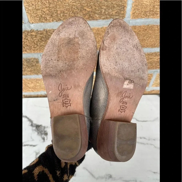 Joie Leather Metallic Gold Wood Stacked Block Heel Point Toe Ankle Boots Sz 37.5 - Picture 8 of 11